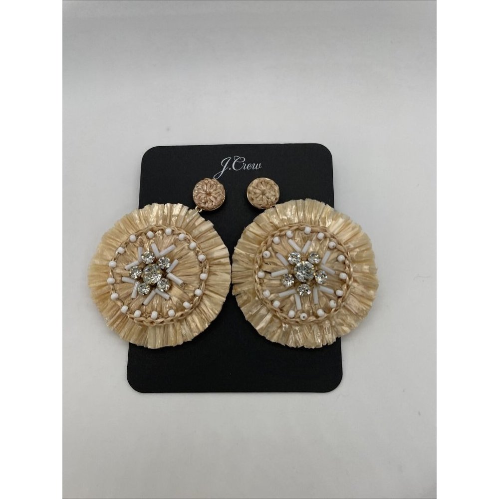 NWT J.Crew RAFFIA FRINGE DISC EARRINGS Natural Sparkles Gold Tone